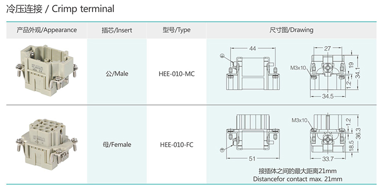 HEE-010 10Pin High density  Insert  Heavy duty connector