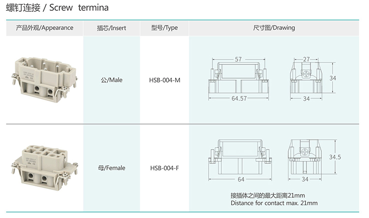 HSB-004 4Pin Big Current Type Insert Heavy duty connector