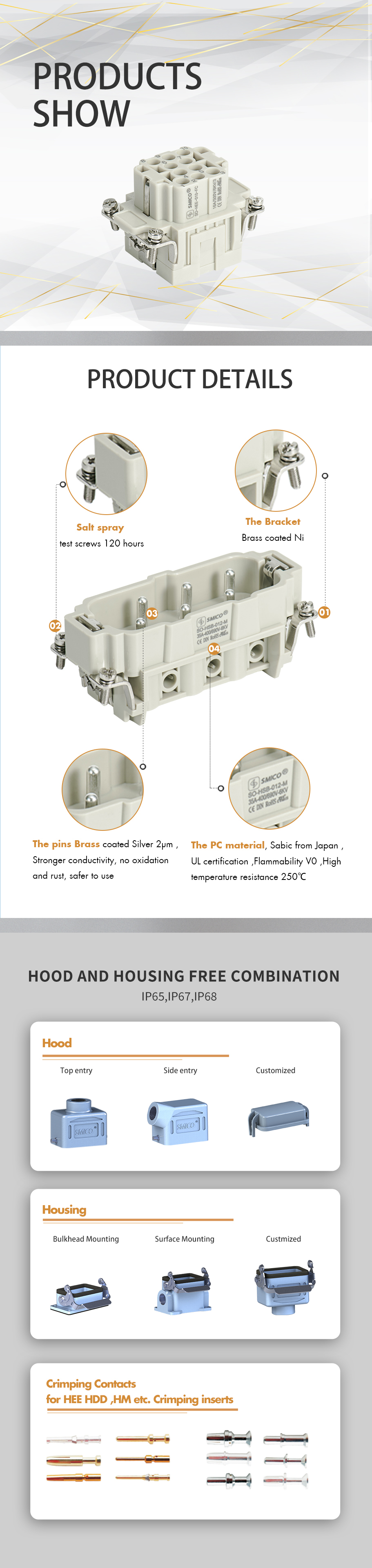 Female crimping electrical power connectors 10 pins HEE series